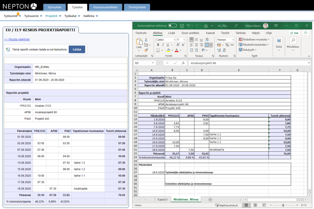 EU-projektiraportti ja excel vienti